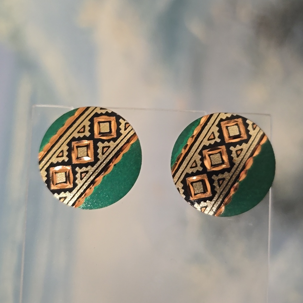 Native American Vtg. Copper Southwestern Art Deco Stud Earrings